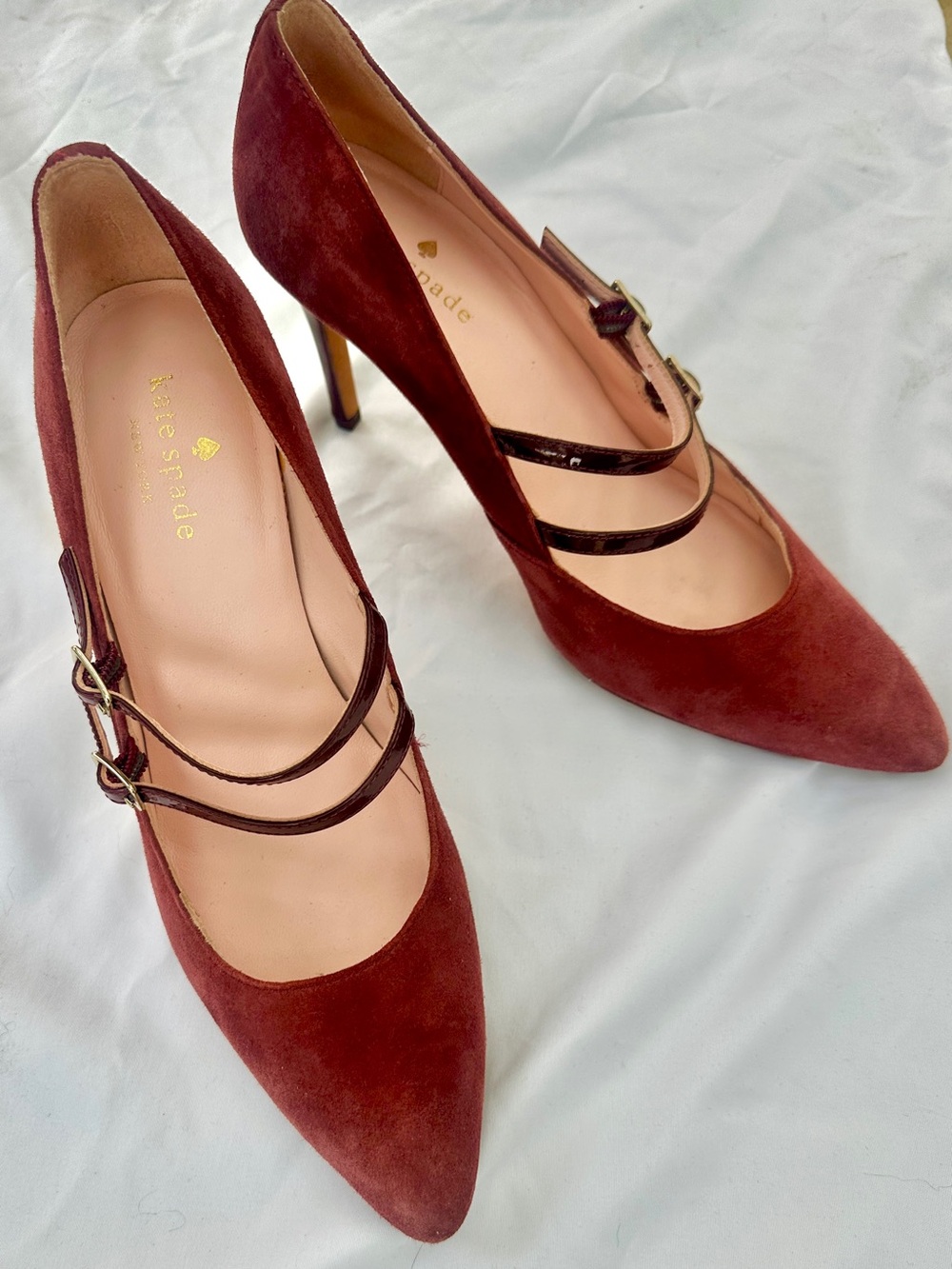 Kate Spade "Elpetha" Burgundy Suede Mary Jane Heels Patent Straps Sz 8.5